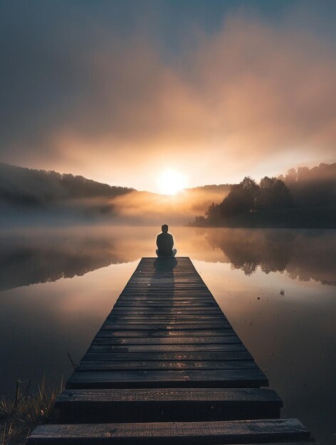 A person sitting quietly at the end of a dock, watching the sun rise over a misty lake